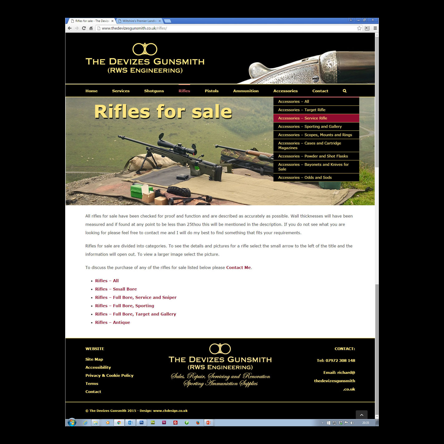 Web - 35 Page Services and Gun Listings Website for The Devizes Gunsmith in WordPress for In-house Editing - Design, Construction, Hosting & Email.