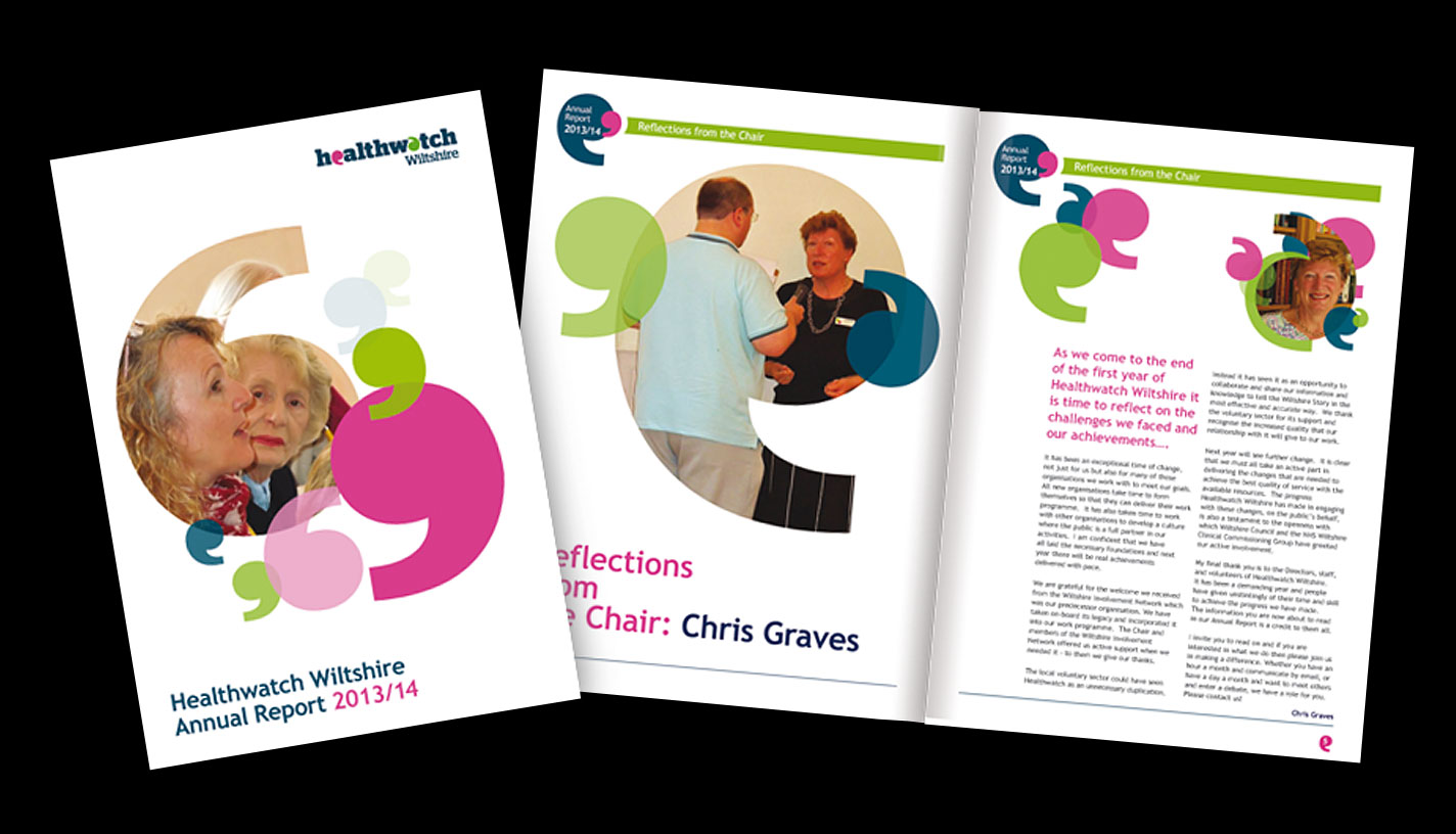 Print - Healthwatch Wiltshire - 36 Page Annual Report Digitally Printed on Indigo, Matt Laminated to Cover, Box Spine - Design, Artwork & Production,