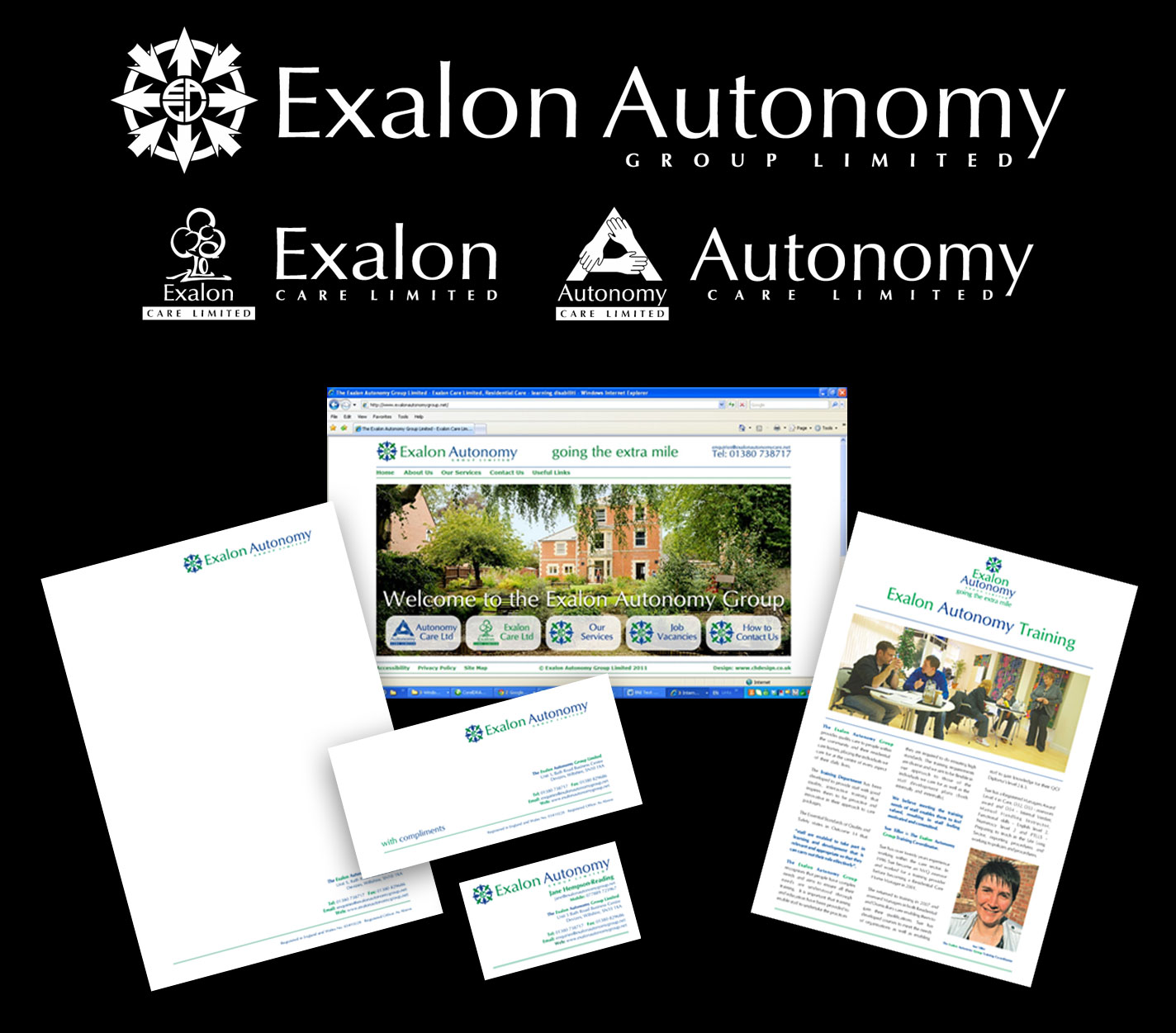 Identity - New Group Logo and Updated Logos for Exalon and Autonomy Care - Stationery, Leaflets, and Website - Design, Specifications, Artworks and Production.